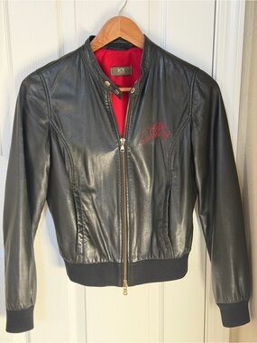 Iceberg Italian Black Leather Bomber Jacket with Red Lining
